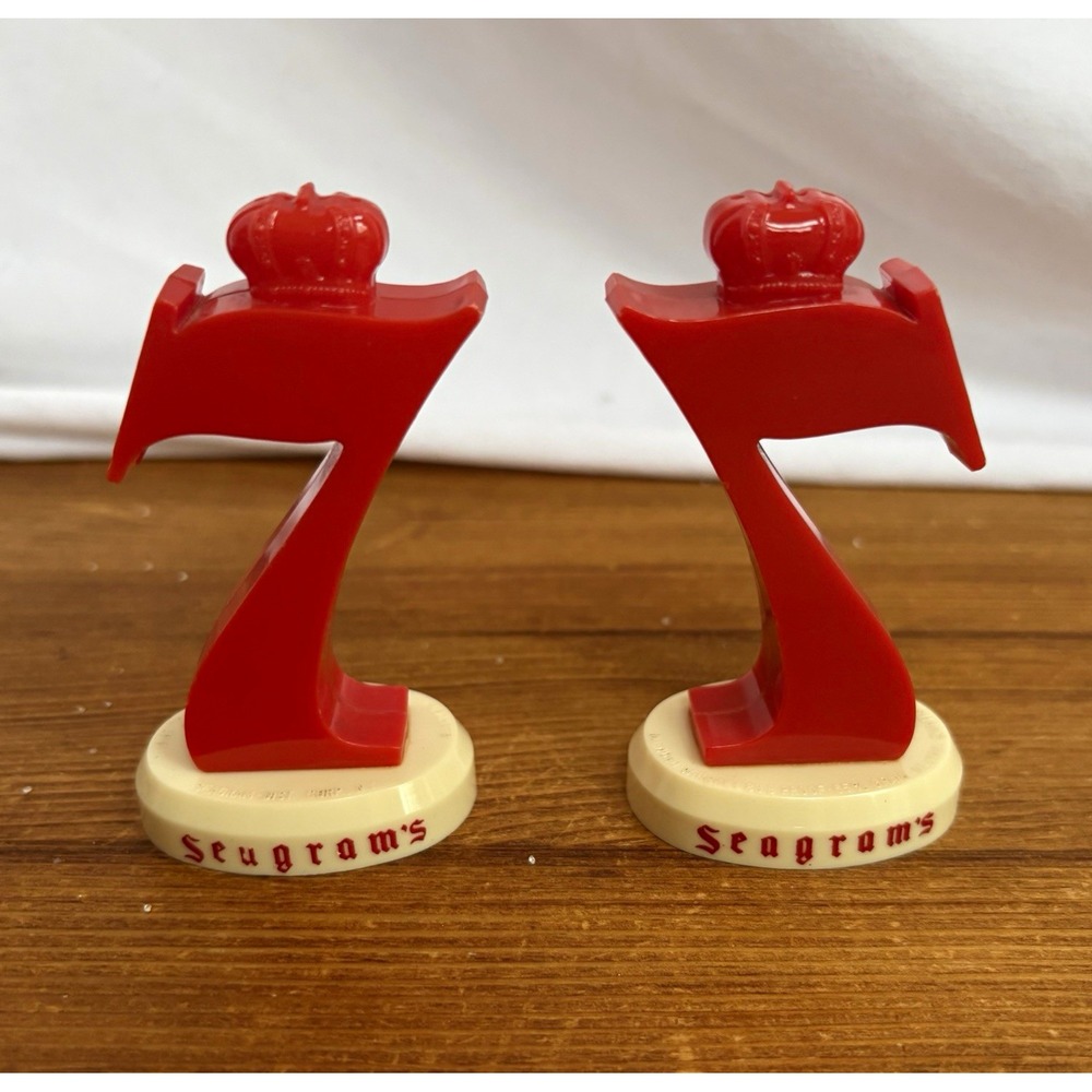 Seagram's 7 Crown Red/White Plastic Salt & Pepper Shakers w/ Cork Stoppers 3.5"